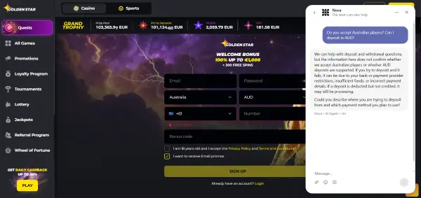 Customer Support on Golden Star Casino