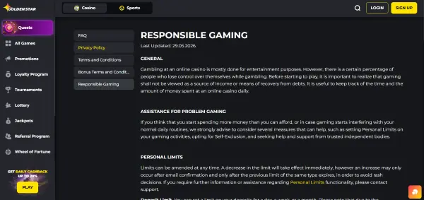 Responsible Gaming section on Golden Crown Casino