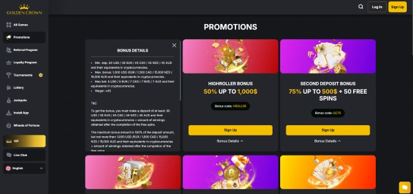 Promotions page on Golden Crown Casino