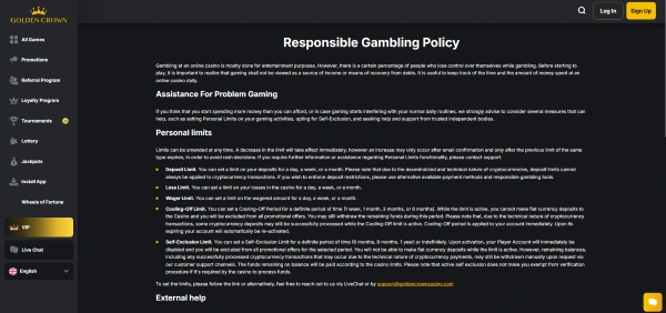 Available Responsible Gaming tools