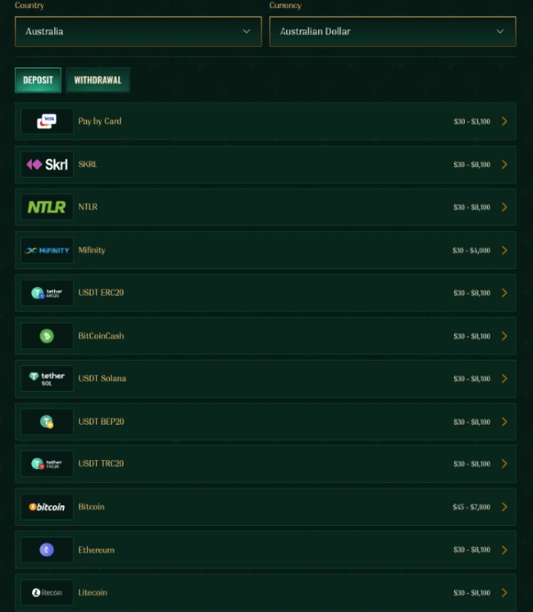 Spybet Casino Deposit Methods Spybet payment page for Australian players showing AUD deposits through cards, Skrill, Neteller, MiFinity, Bitcoin, Ethereum, and other cryptocurrencies.