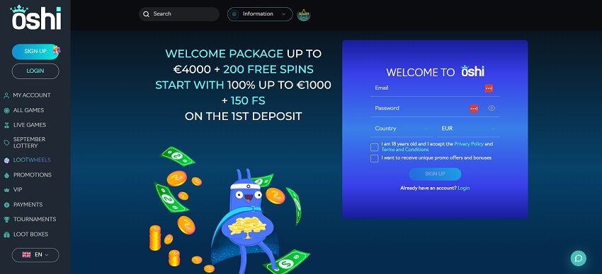 Oshi Casino Home Page